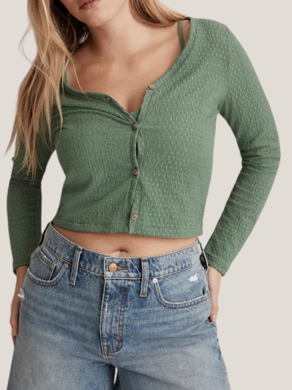 Madewell Crinkled Cardigan Long Sleeve Cropped Trellis Green Medium